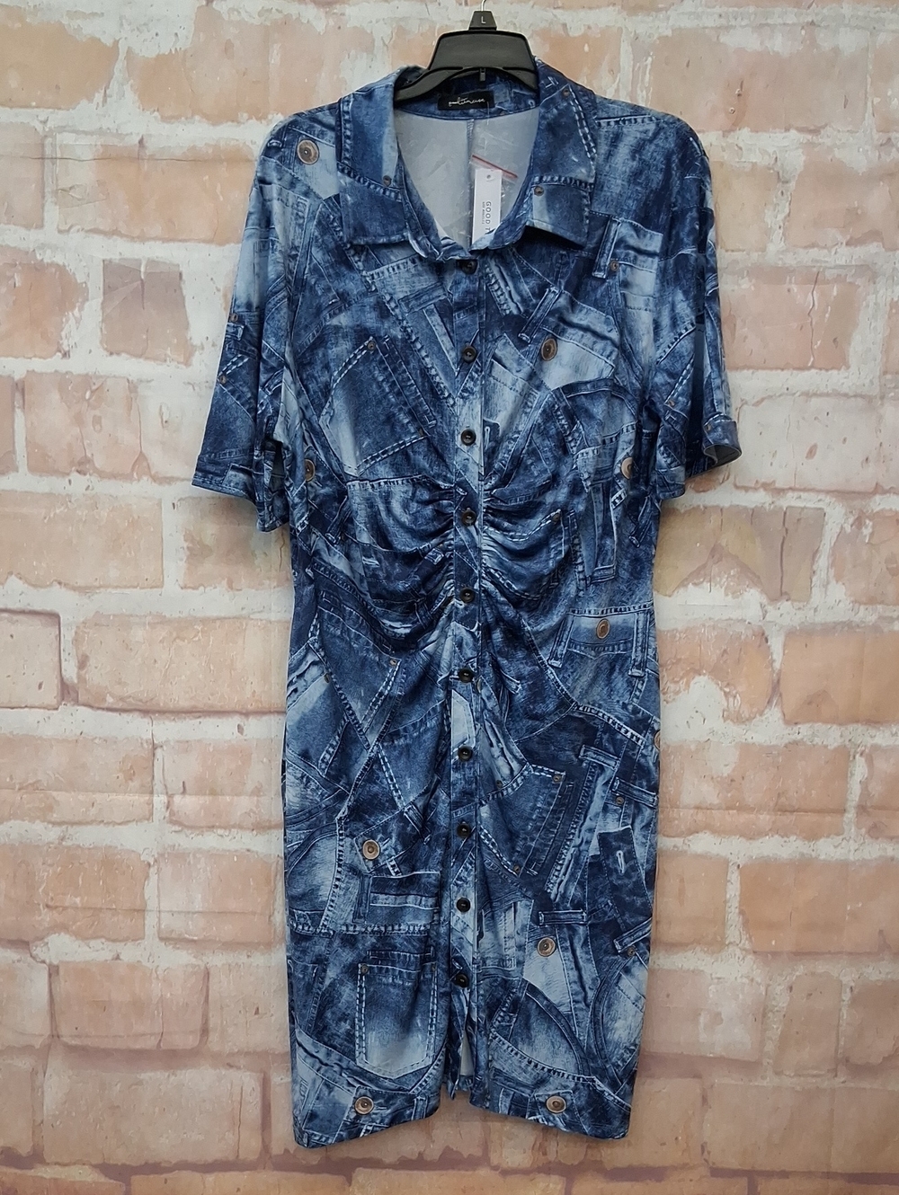 NWT Ruched Blue Denim-Print Button-Front Dress